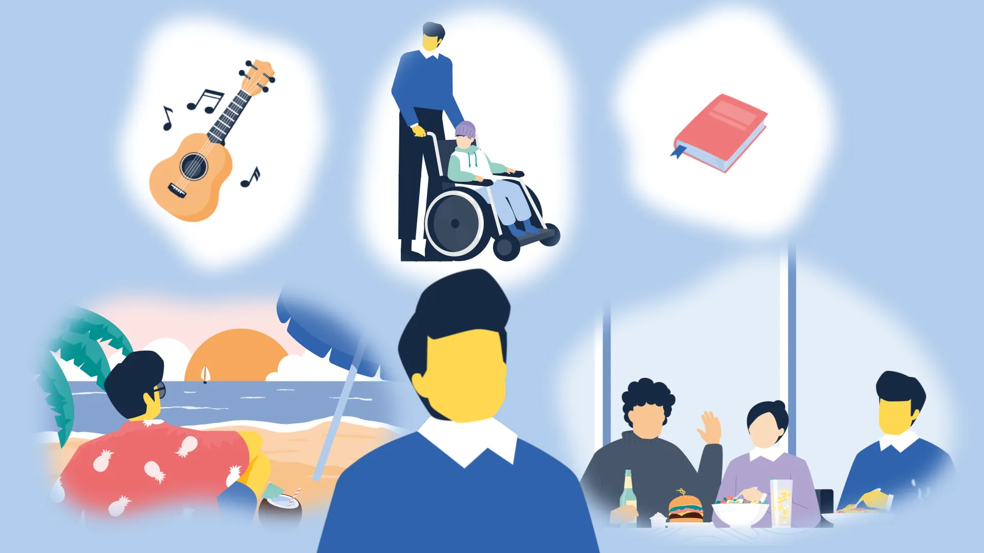 Illustration Person denkt an Hobbys wie Musik, Urlaub, Lesen und soziale Aktivitäten – Symbol für Achtsamkeit und Balance.