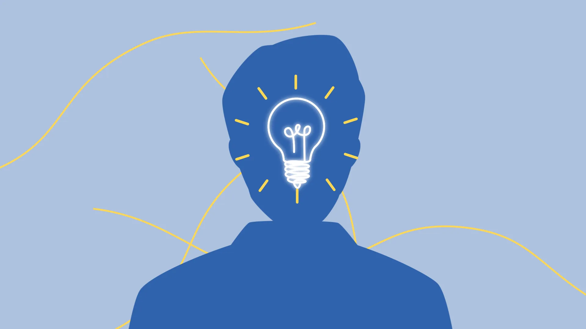 Illustration Kopf mit leuchtender Glühbirne – Symbol für Inspiration, Kreativität und Achtsamkeit im Denken.