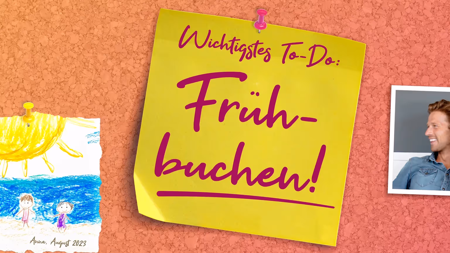 Buntes 2D-Erklärvideo-Motiv mit gelbem Zettel „Wichtigstes To-Do: Frühbuchen!“ und Kinderzeichnung vom Strand. Ideal für Werbefilm oder Social-Media-Kampagne, die Reiselust, Familie und Urlaubsplanung vermittelt.