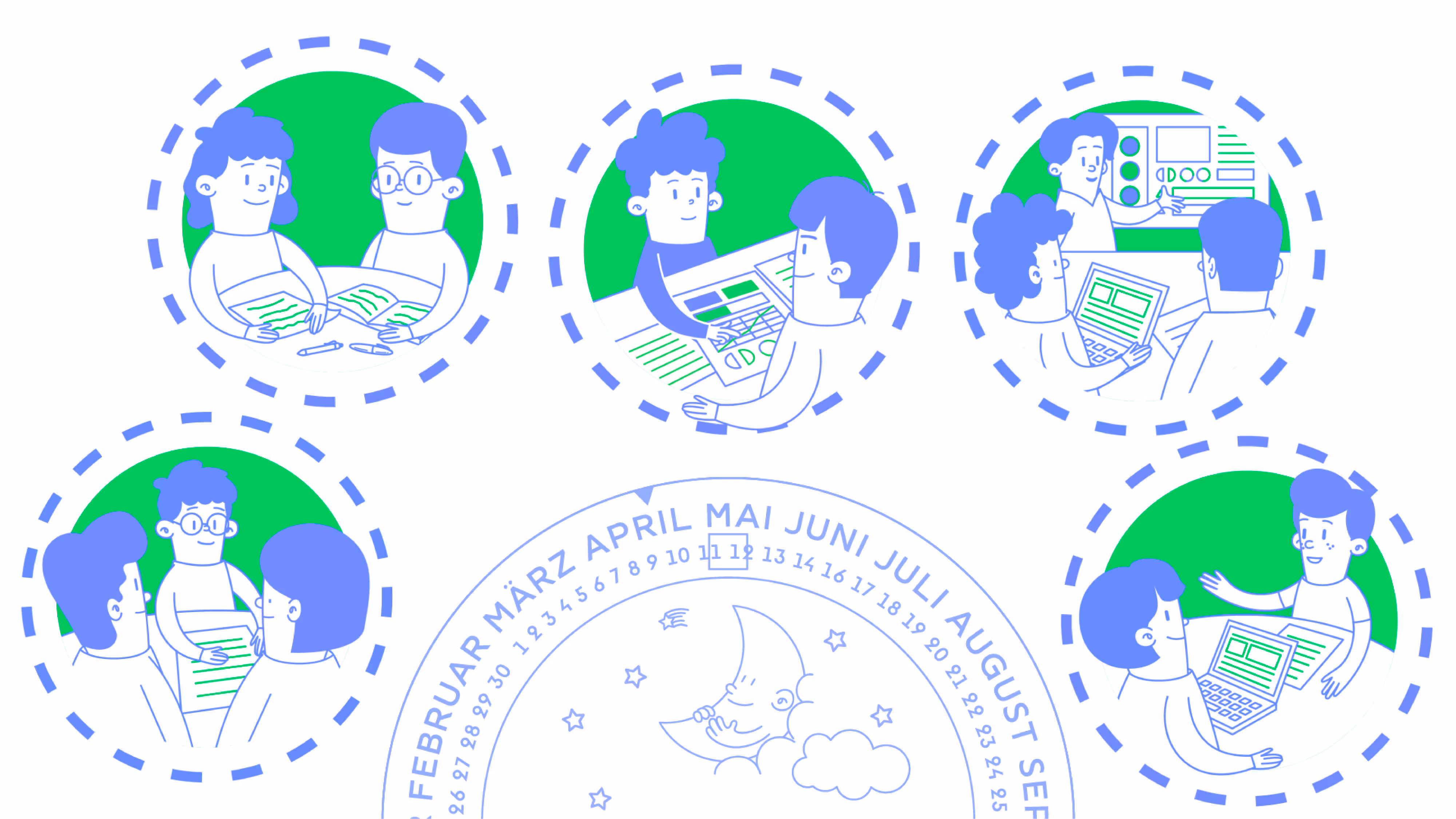 Illustration von Lernzyklen mit Schülern in Gruppenarbeit, Kalender und Symbolen für Wissenstransfer. Darstellung für Forum Open Education zur digitalen Bildung.