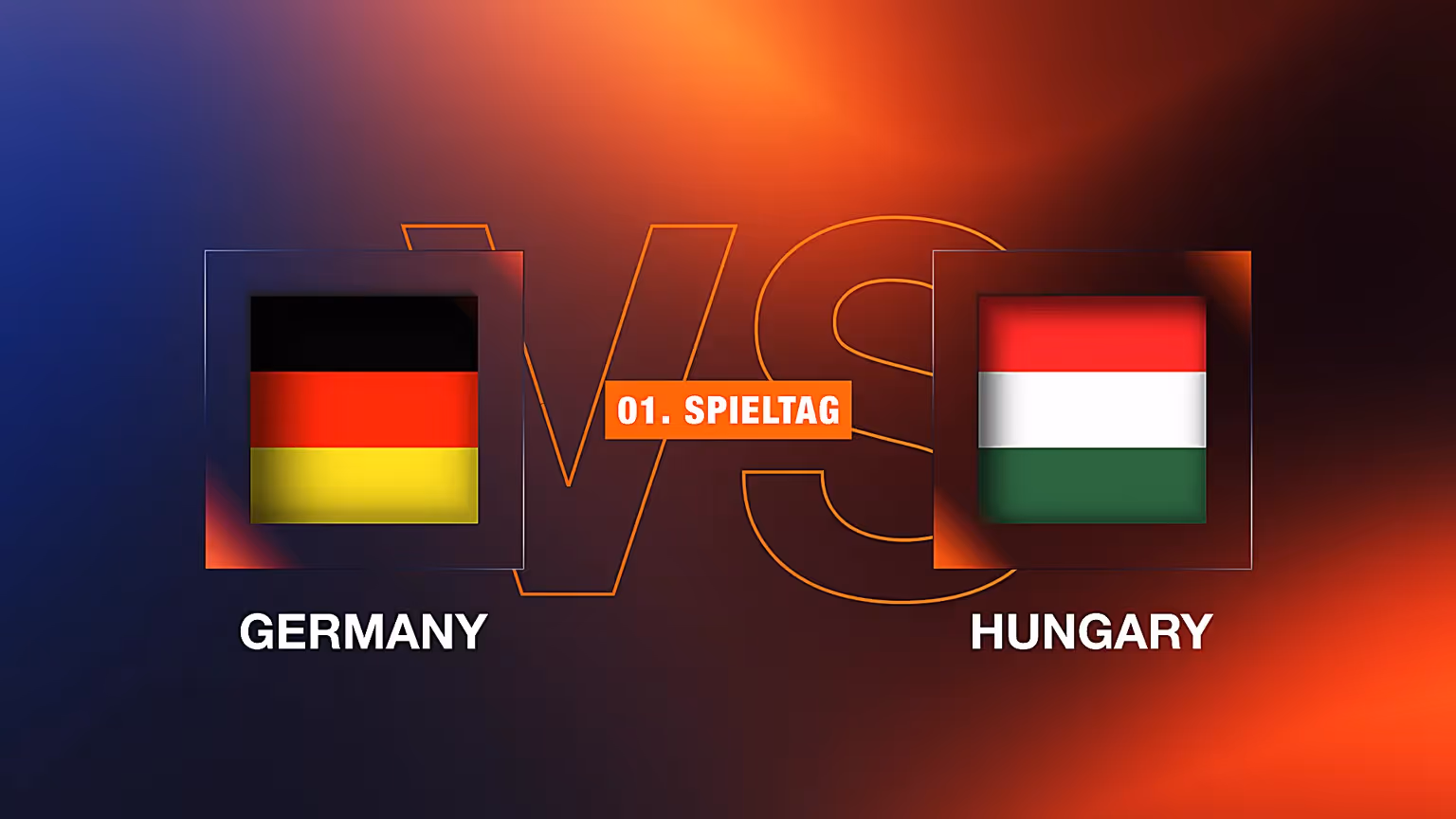 3D-animierte Grafik des Fußballspiels Deutschland gegen Ungarn – moderne Visualisierung mit Licht- und Farbeffekten, erstellt als 3D Animation für Sport- oder Eventproduktion.