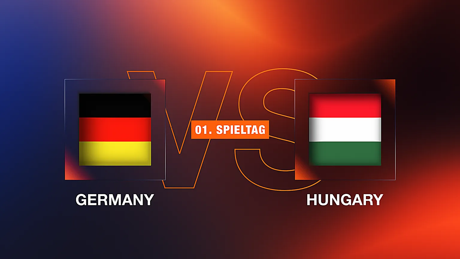 3D-animierte Grafik des Fußballspiels Deutschland gegen Ungarn – moderne Visualisierung mit Licht- und Farbeffekten, erstellt als 3D Animation für Sport- oder Eventproduktion.