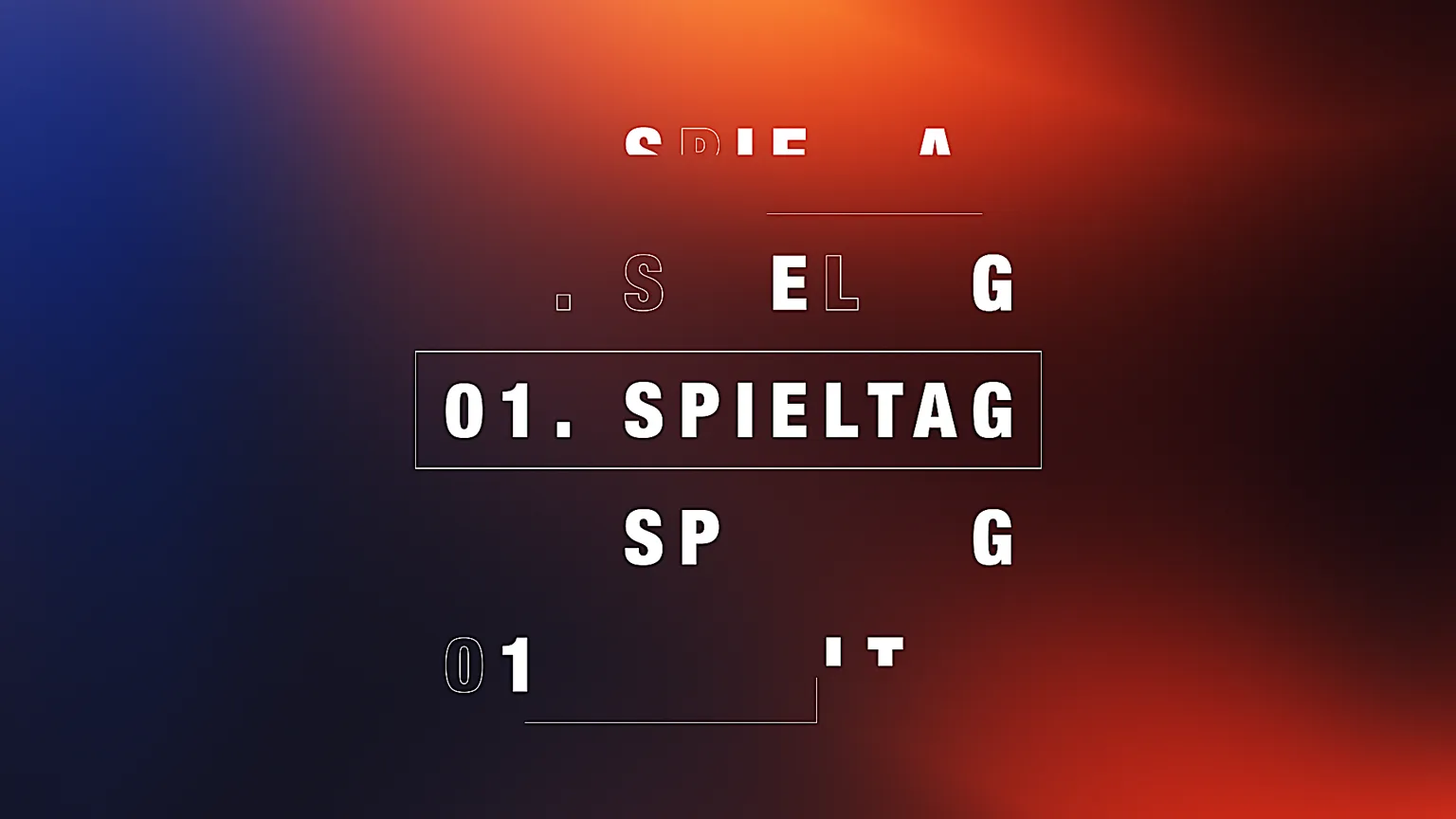 3D-Animation mit dem Schriftzug „01. Spieltag“ in modernem Motion Design auf einem dynamischen Hintergrund in Blau und Orange – typografische 3D Animation mit sportlichem Charakter und fließenden Übergängen.