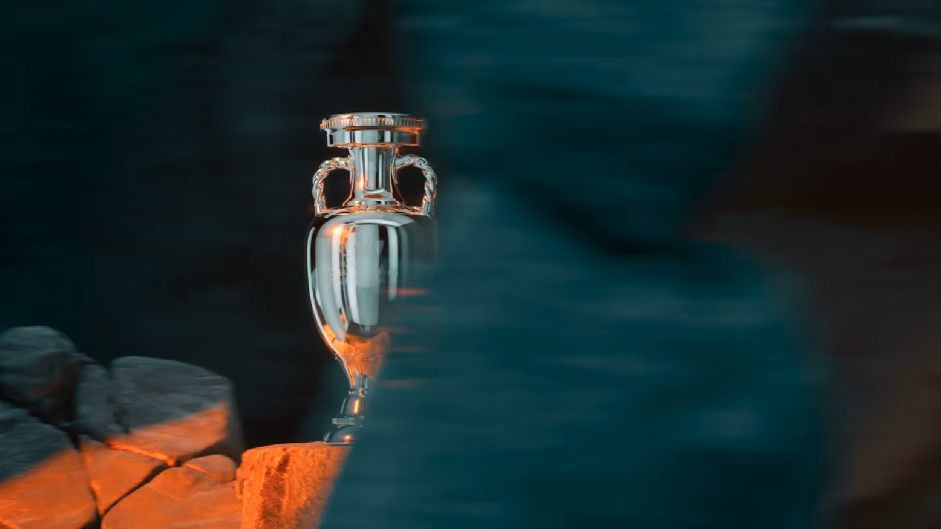 3D-Animation des UEFA-Pokals zwischen Felsen mit dynamischer Kamerafahrt und leuchtenden Lichteffekten – hochwertige 3D Visualisierung für Sportproduktion und Motion Design.