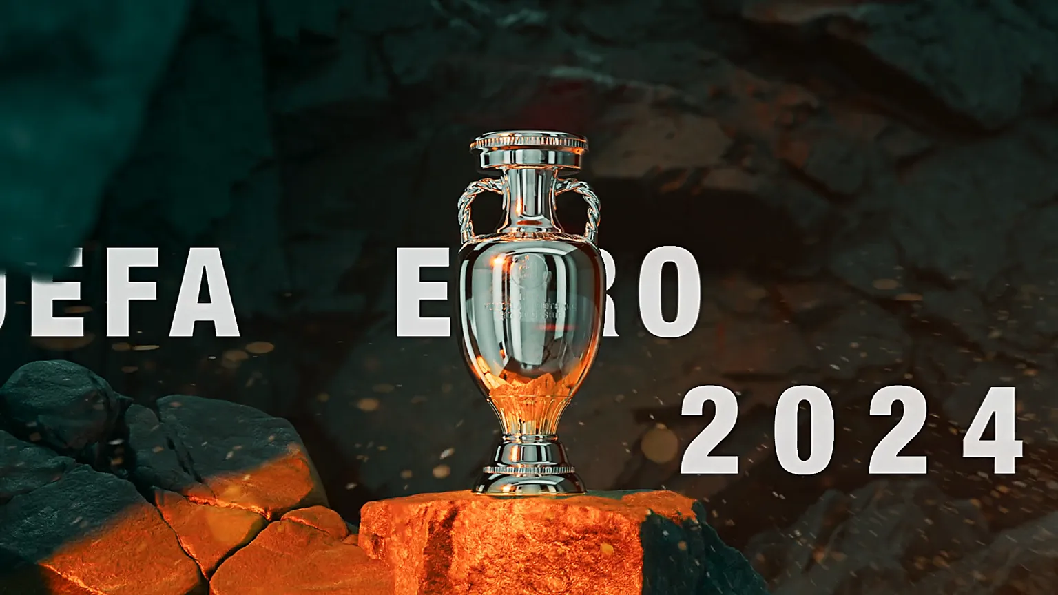 3D-Animation des UEFA EURO 2024 Pokals auf leuchtenden Felsen – hochwertige 3D-Visualisierung mit realistischer Beleuchtung, Texturen und Partikeleffekten für Sport-Event-Inszenierung.