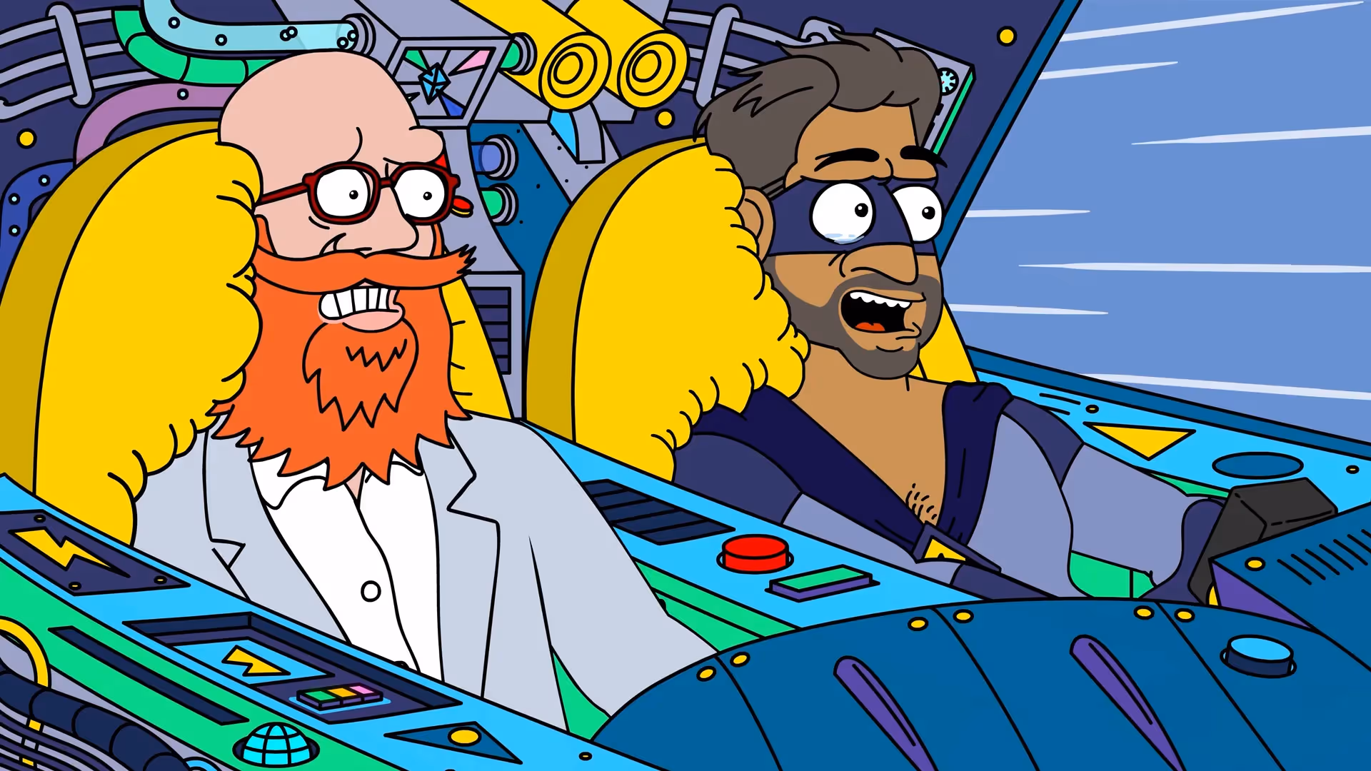 Zwei Cartoon-Figuren im futuristischen Cockpit: roter Bart im Anzug und maskierter Held. Übertriebene Mimik, bunte Sitcom-Szene.