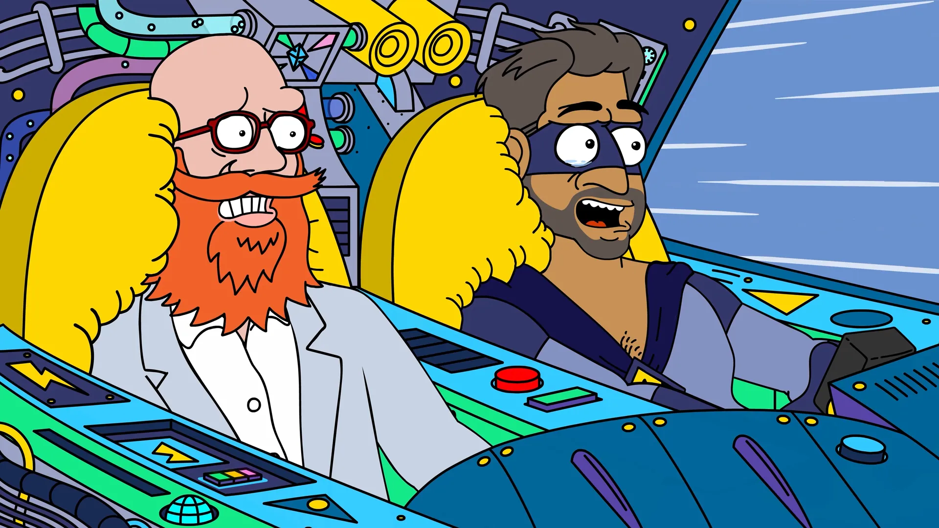 Zwei Cartoon-Figuren im futuristischen Cockpit: roter Bart im Anzug und maskierter Held. Übertriebene Mimik, bunte Sitcom-Szene.