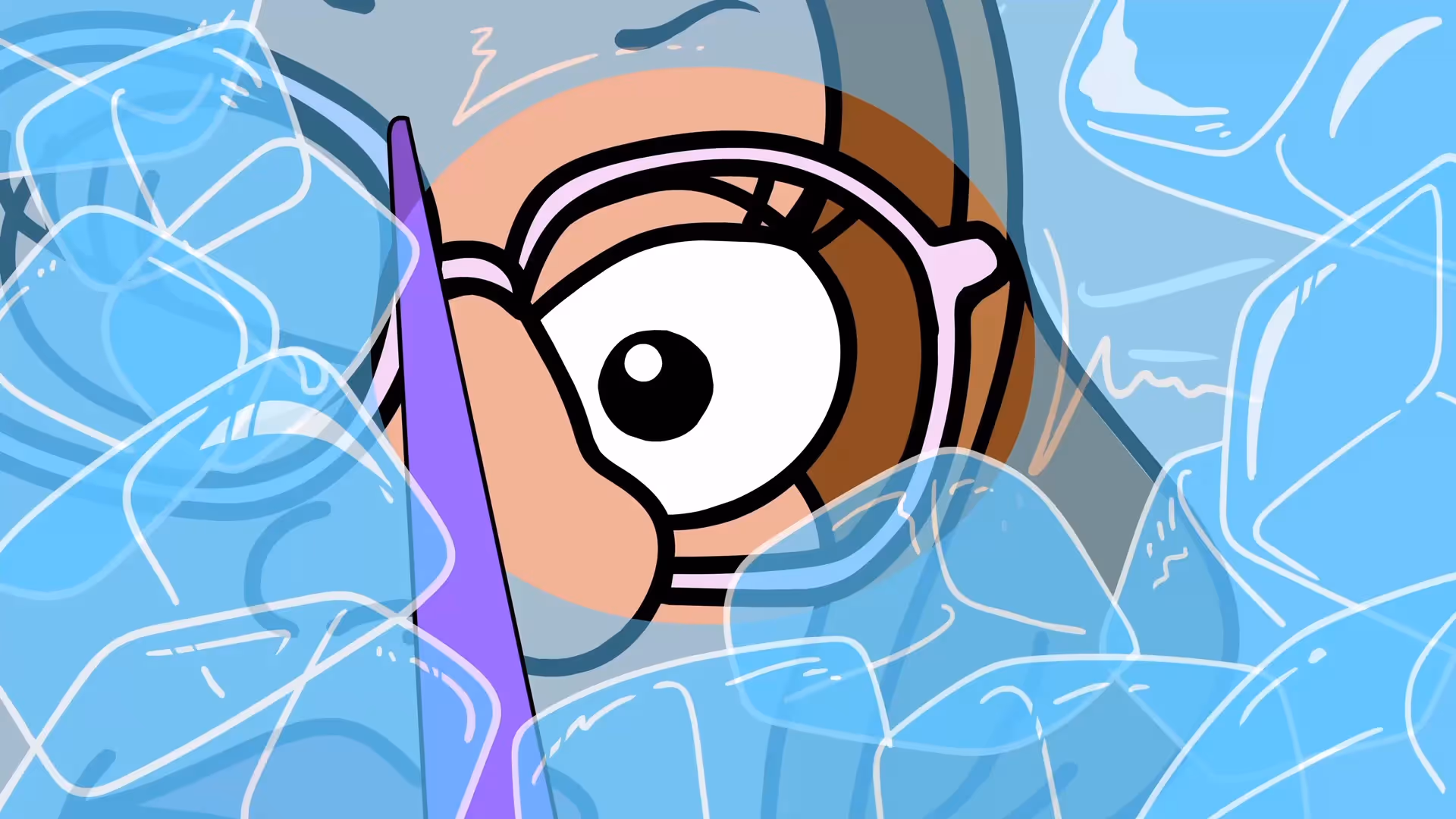 Nahaufnahme eines comicartigen Auges mit rosa Brille, umgeben von übertrieben gezeichneten Eiswürfeln. Humorvolle 2D-Sitcom-Illustration.