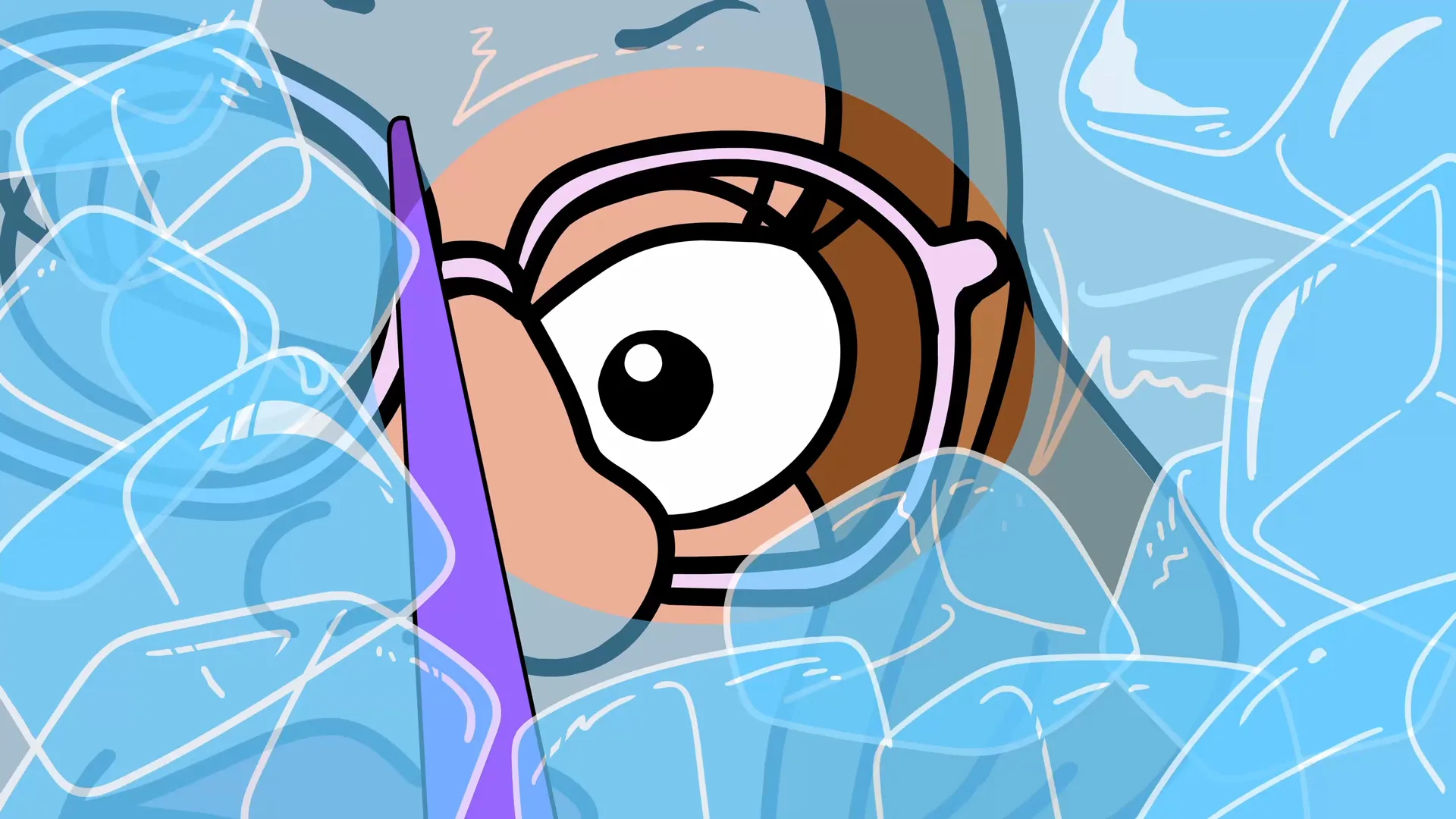 Nahaufnahme eines comicartigen Auges mit rosa Brille, umgeben von übertrieben gezeichneten Eiswürfeln. Humorvolle 2D-Sitcom-Illustration.
