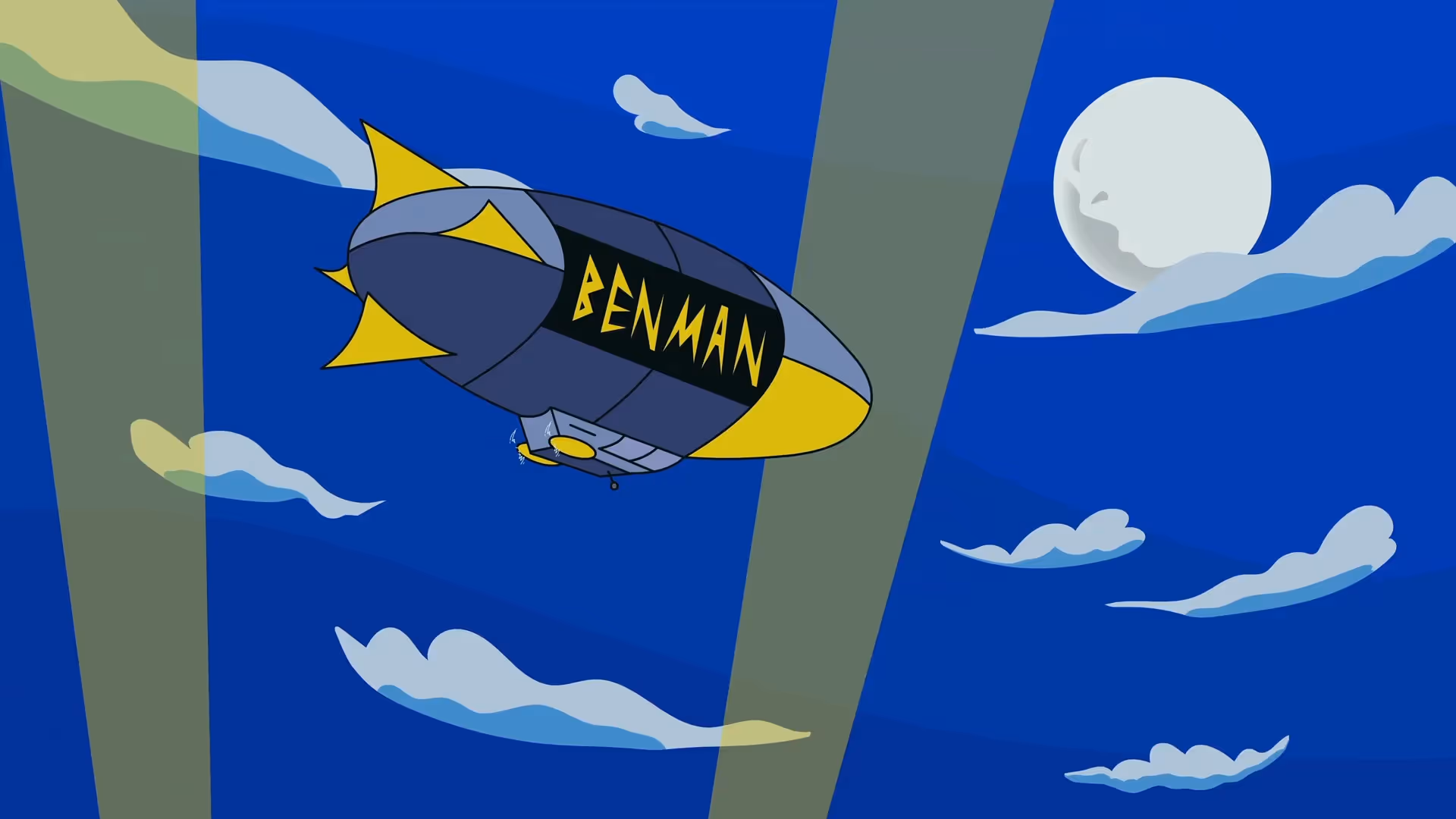 2D-Erklärvideo-Illustration eines Luftschiffs mit der Aufschrift „Benman“, das nachts unter dem Mond durch den Himmel fliegt. Stilvoll animierte Szene für kreative Erklärvideos im Comic- oder Animationsstil.