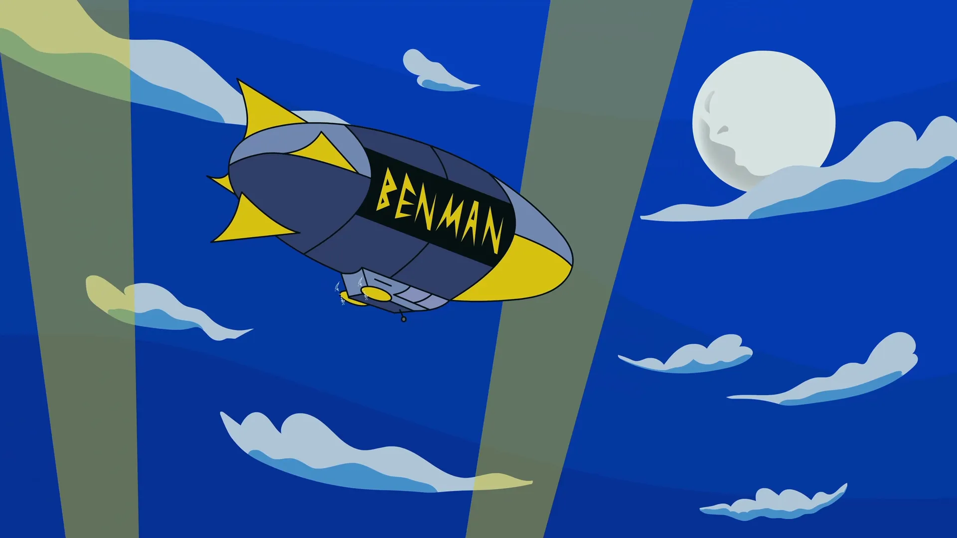 2D-Erklärvideo-Illustration eines Luftschiffs mit der Aufschrift „Benman“, das nachts unter dem Mond durch den Himmel fliegt. Stilvoll animierte Szene für kreative Erklärvideos im Comic- oder Animationsstil.