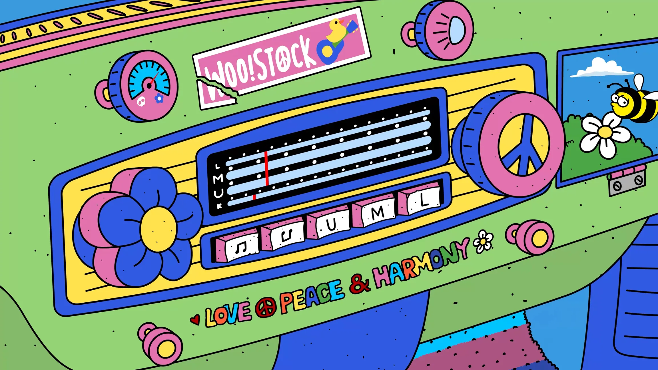 Bunte 2D-Erklärvideo-Illustration eines Retro-Autoradios mit Peace-Zeichen, Blumen und dem Schriftzug „Love, Peace & Harmony“. Symbolisch für Kreativität, Musik, Freiheit und positive Kommunikation in modernen Erklärvideos.