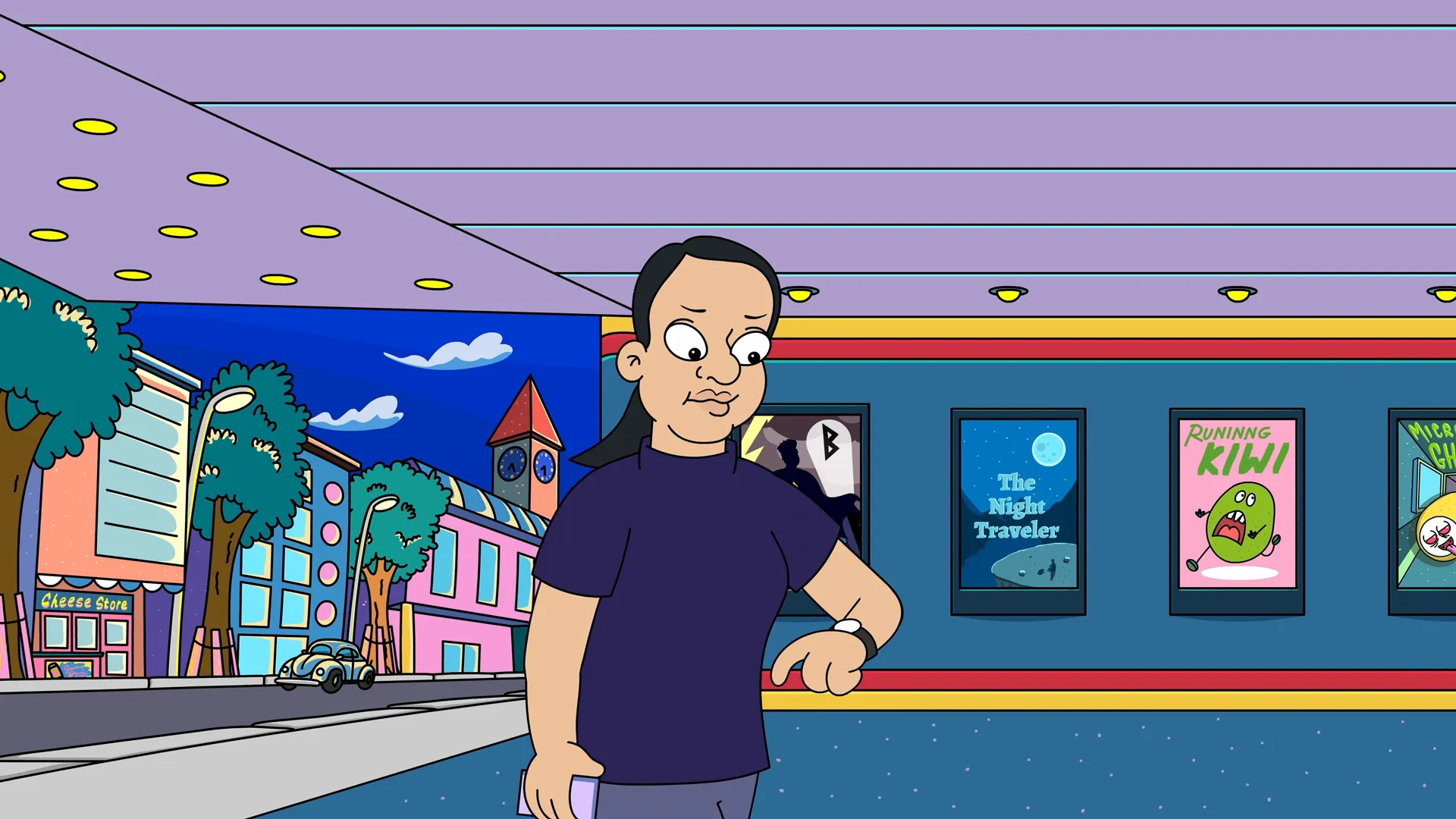 2D-Erklärvideo-Szene mit einer animierten Person, die vor einem Kino auf die Uhr schaut. Im Hintergrund farbenfrohe Stadt und Filmplakate – stilvolle Cartoon-Animation für moderne Erklärvideos und kreative Storytelling-Projekte.