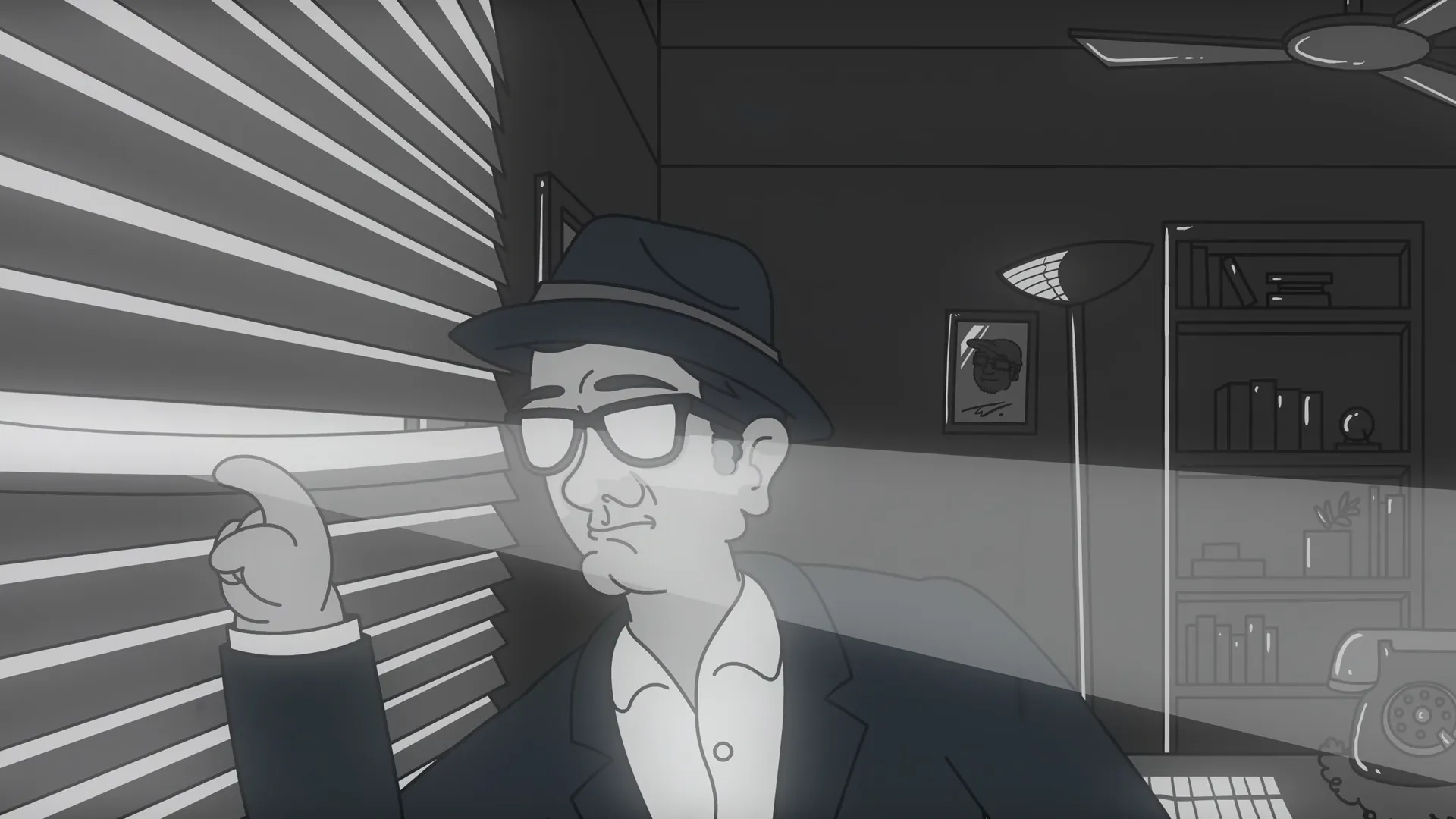 2D-Erklärvideo-Illustration in Schwarz-Weiß mit einem Mann im Büro, der durch Jalousien nach draußen blickt. Film-noir-Stil für animierte Erklärvideos oder Storytelling mit cineastischer Atmosphäre.