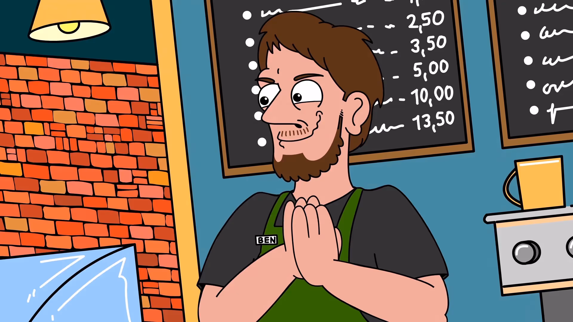 2D-Erklärvideo-Illustration eines Barista in einem Café mit Backsteinwand und Preistafel. Humorvoll gezeichneter Charakter im Cartoonstil, ideal für Erklärvideos zu Gastronomie, Service oder Animation im modernen Stil.
