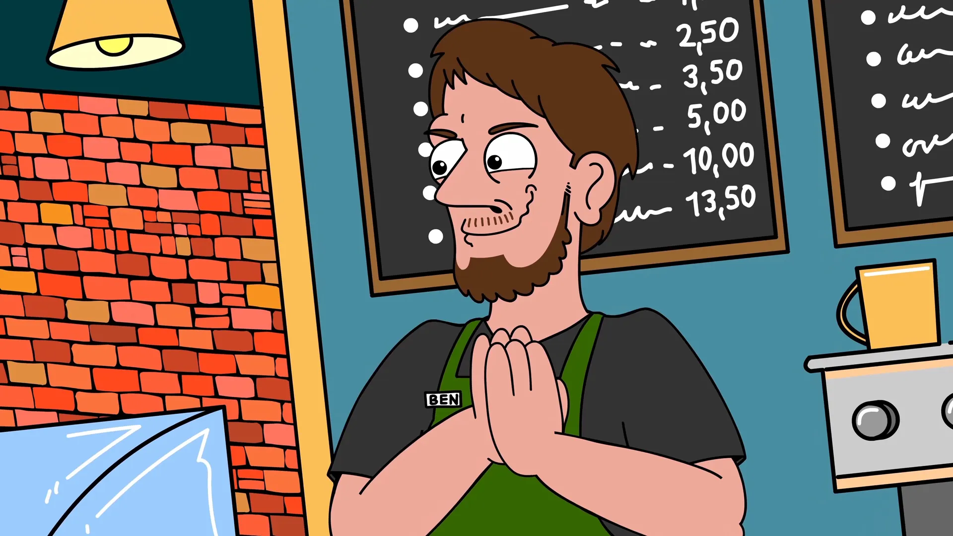2D-Erklärvideo-Illustration eines Barista in einem Café mit Backsteinwand und Preistafel. Humorvoll gezeichneter Charakter im Cartoonstil, ideal für Erklärvideos zu Gastronomie, Service oder Animation im modernen Stil.