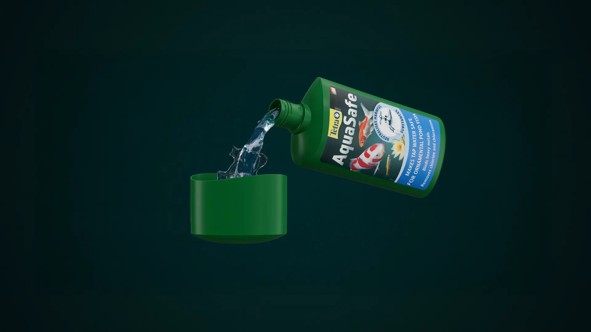 3D Animation Nahaufnahme einer Tetra AquaSafe Flasche beim Ausgießen mit sichtbarem Wasserstrahl und grün-blauem Etikett mit Fischen – realistische 3D Animation für Produktvideo, Teichpflege und Markeninszenierung.
