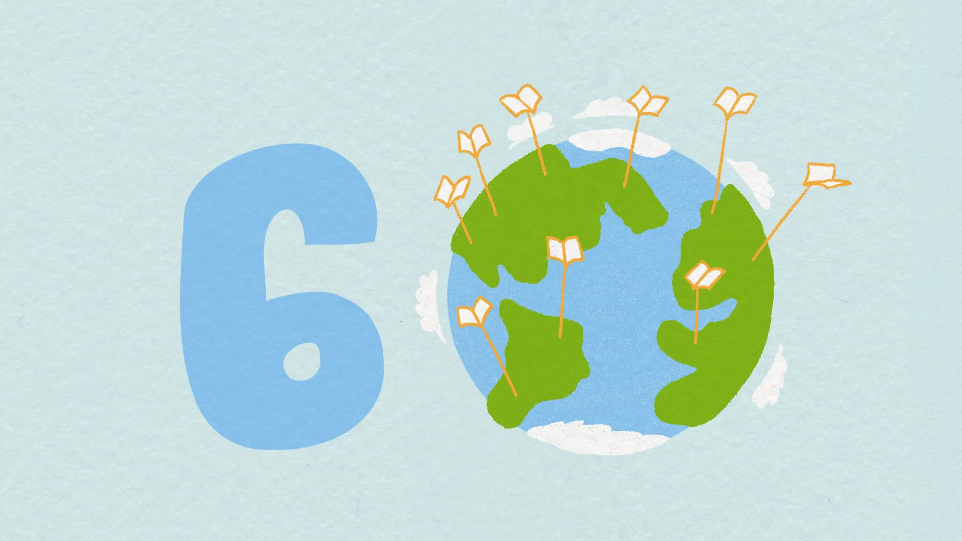 2D-Erklärvideo-Illustration mit Zahl 6 und Weltkugel, auf der Bücher wachsen. Symbol für Bildung, Wissen und internationale Lernförderung – ideal für animierte Bildungsinhalte oder Schulprojekte mit globalem Bezug.