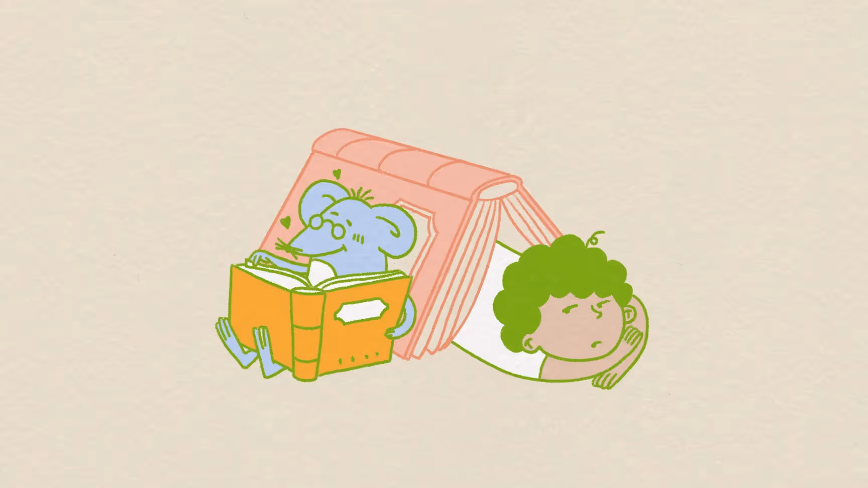 2D-Erklärvideo-Illustration mit lesender Maus unter einem Buchdach und nachdenklichem Kind daneben. Symbolische Szene für Bildung, Lesen und Wissen – ideal für animierte Lernvideos oder Bildungsprojekte.