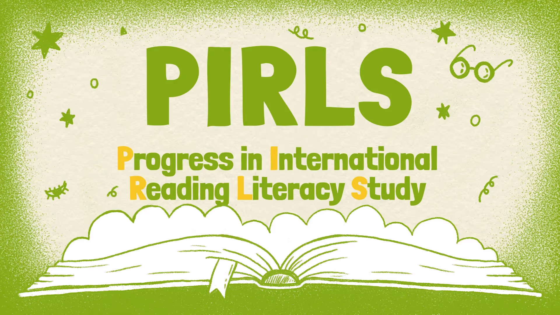 2D-Erklärvideo-Grafik zur internationalen Bildungsstudie PIRLS – Progress in International Reading Literacy Study. Verspieltes Design mit aufgeschlagenem Buch, Sternen und Brille, Symbol für Lesen, Bildung und Forschung.