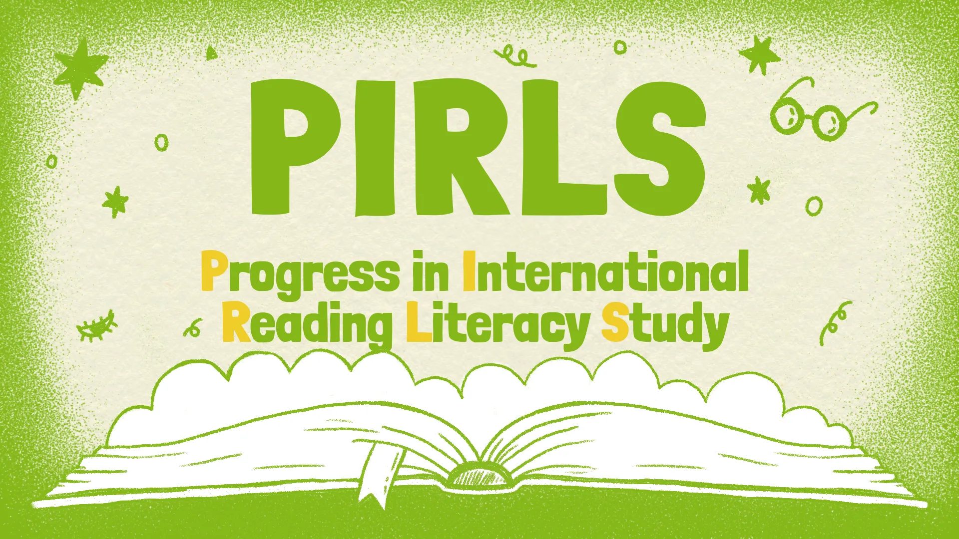 2D-Erklärvideo-Grafik zur internationalen Bildungsstudie PIRLS – Progress in International Reading Literacy Study. Verspieltes Design mit aufgeschlagenem Buch, Sternen und Brille, Symbol für Lesen, Bildung und Forschung.