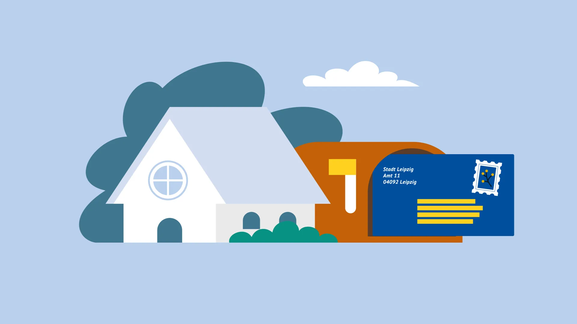 Haus mit Briefkasten und offizieller Brief der Stadt Leipzig – animierte Illustration im 2D Erklärvideo.