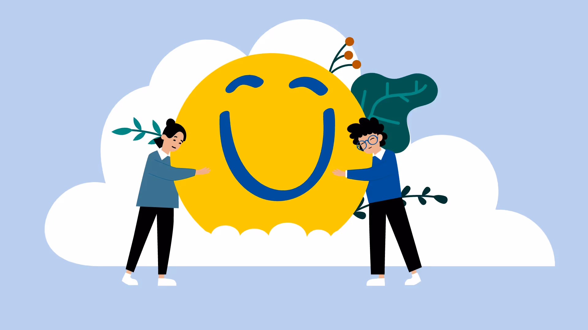 Illustration mit großem gelben Smiley und Menschen – 2D Erklärvideo Leipzig über Zufriedenheit und Glück.