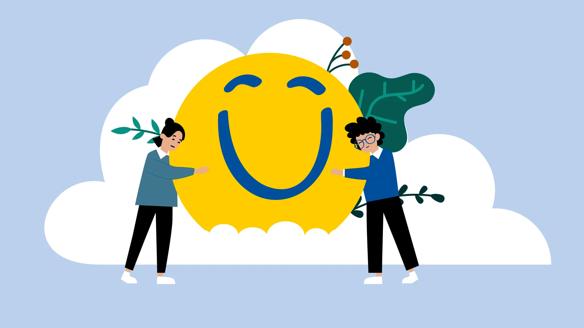 Illustration mit großem gelben Smiley und Menschen – 2D Erklärvideo Leipzig über Zufriedenheit und Glück.