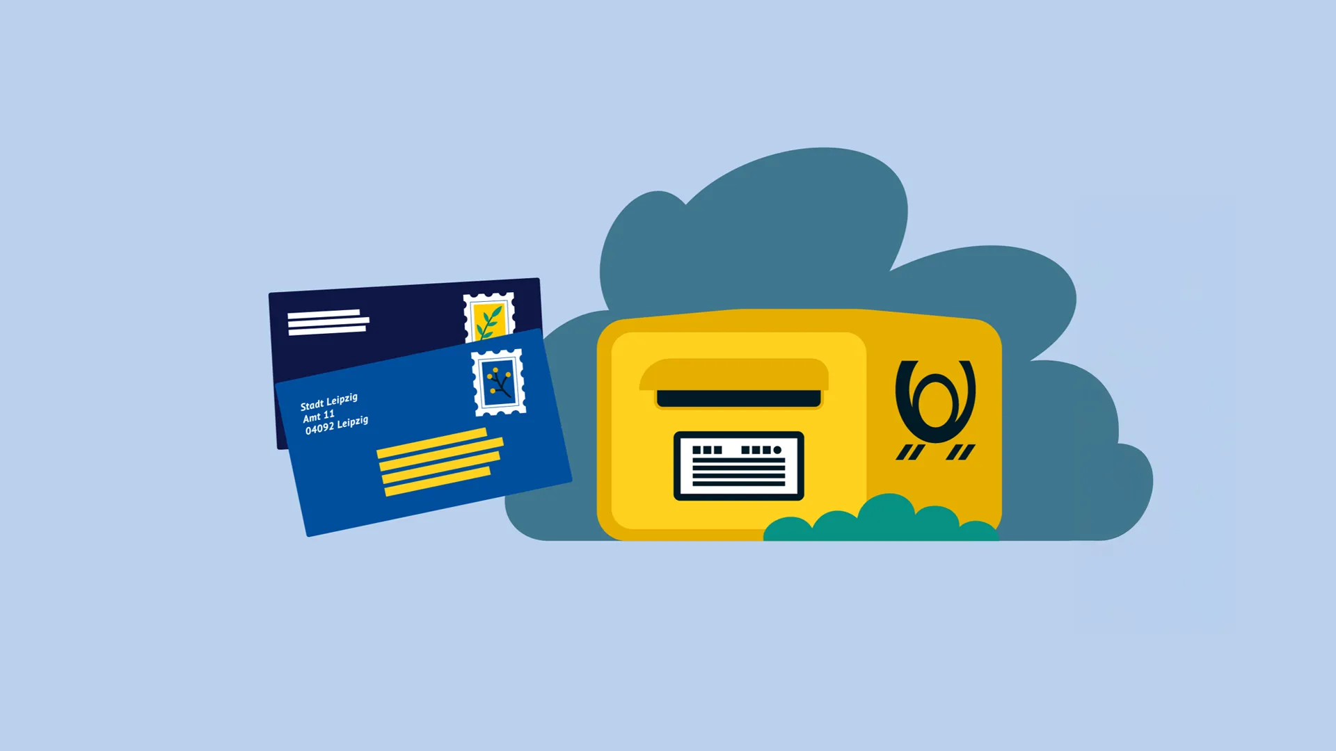 Brief und gelber Briefkasten der Deutschen Post – animierte Illustration im 2D Erklärvideo Leipzig.