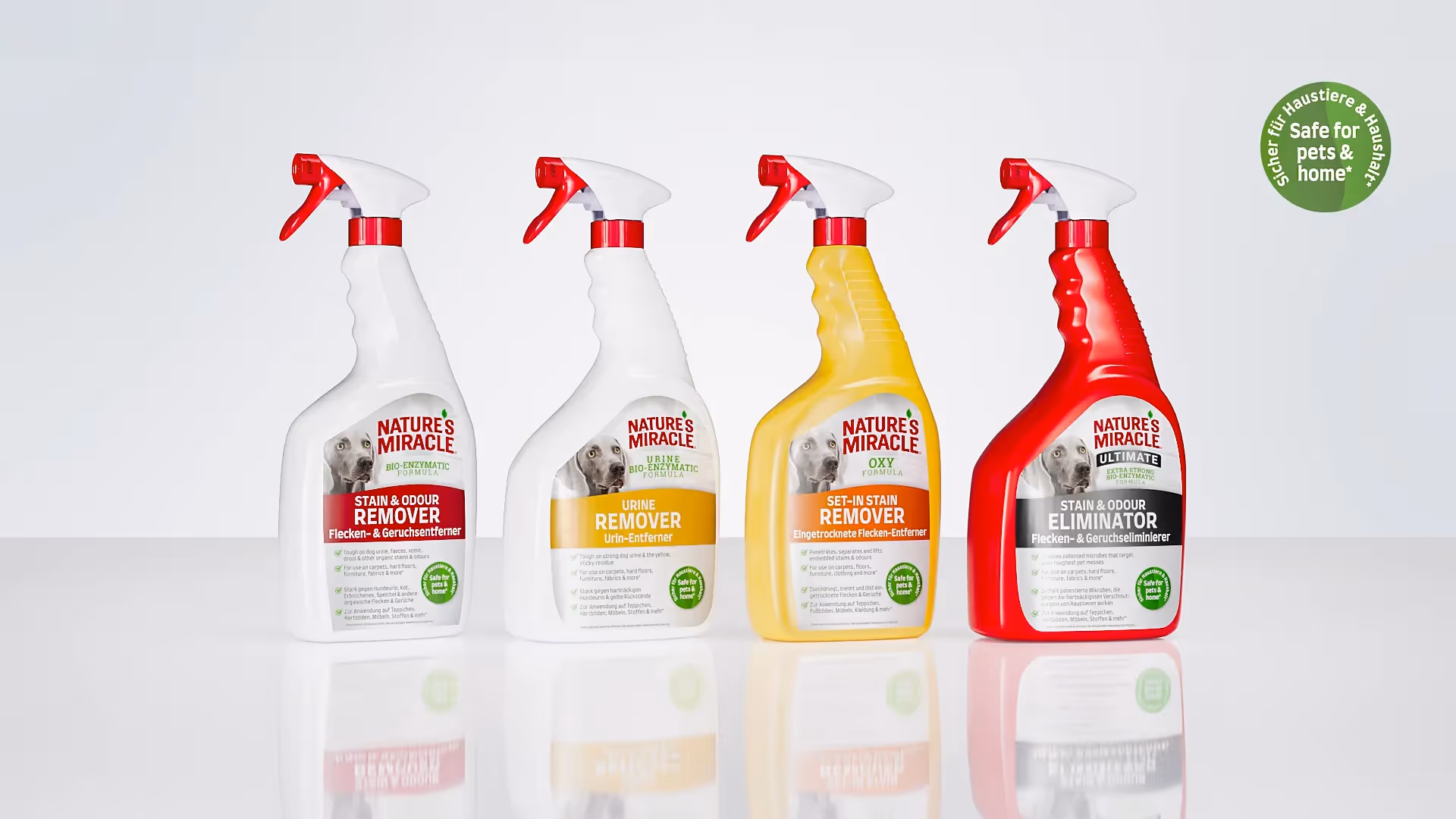 Nature’s Miracle Reinigungsmittel für Haustiere – Flecken- und Geruchsentferner, Urin-Entferner, Oxy-Fleckenreiniger und Geruchseliminator in Sprayflaschen.