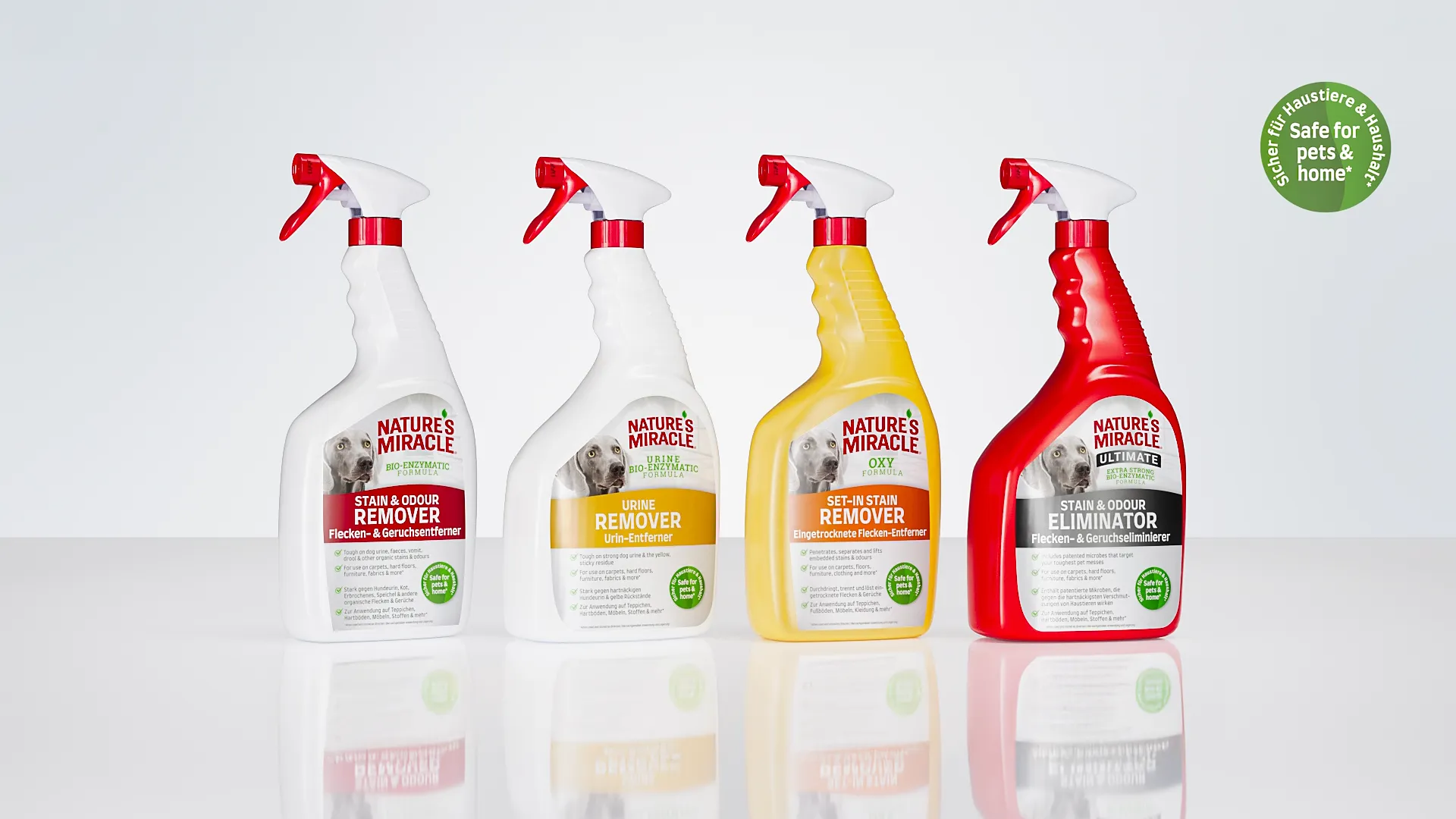 Nature’s Miracle Reinigungsmittel für Haustiere – Flecken- und Geruchsentferner, Urin-Entferner, Oxy-Fleckenreiniger und Geruchseliminator in Sprayflaschen.