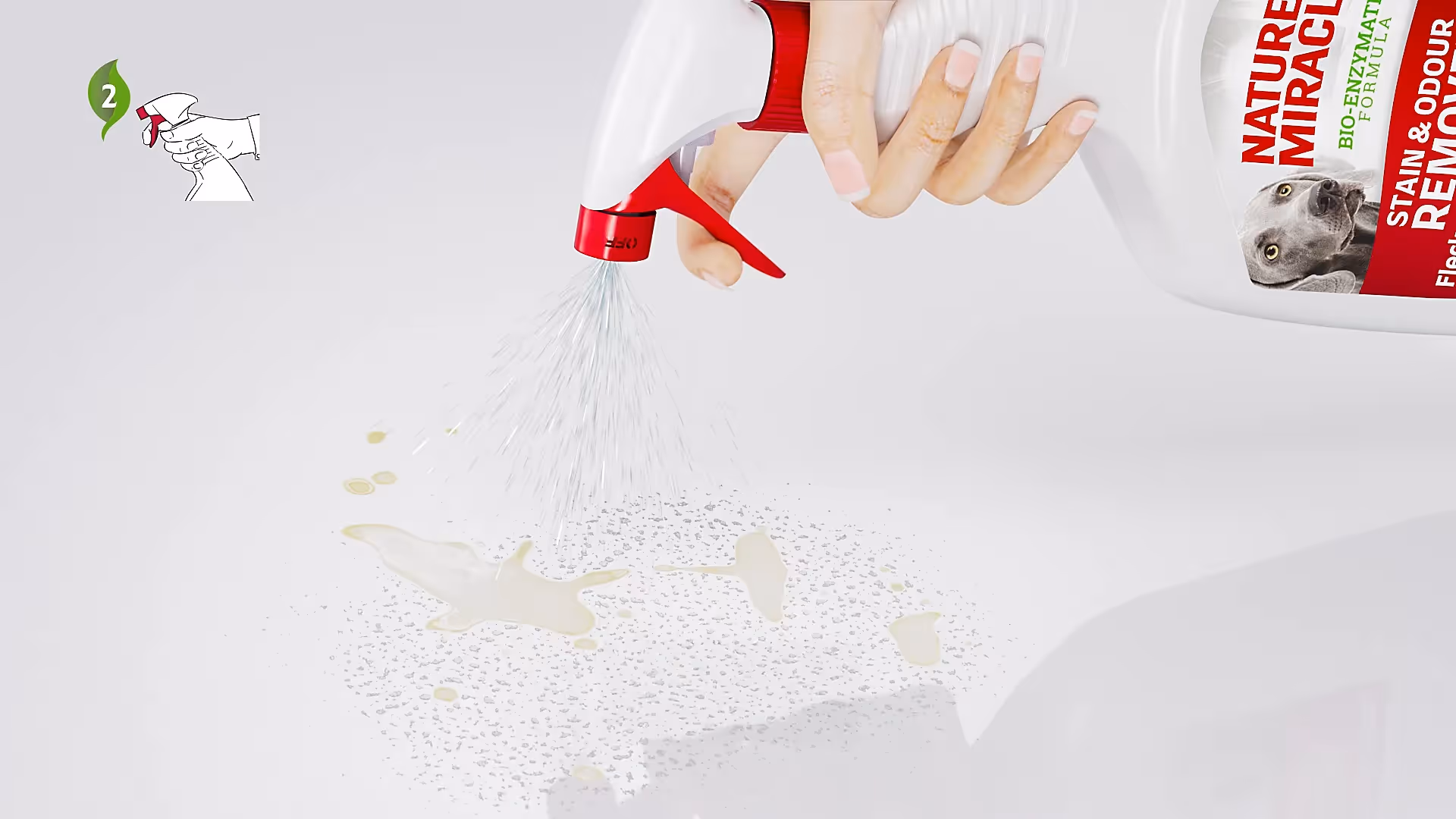 Anwendung von Nature’s Miracle Flecken- und Geruchsentferner – Flüssigkeit wird auf Fleck gesprüht.