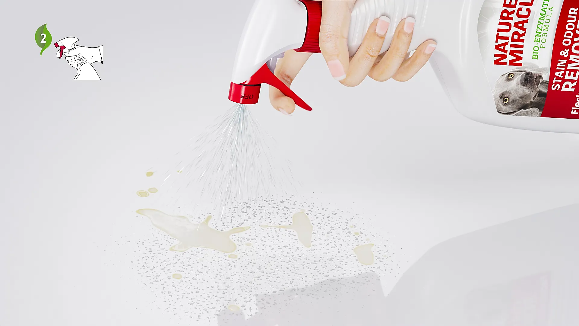 Anwendung von Nature’s Miracle Flecken- und Geruchsentferner – Flüssigkeit wird auf Fleck gesprüht.