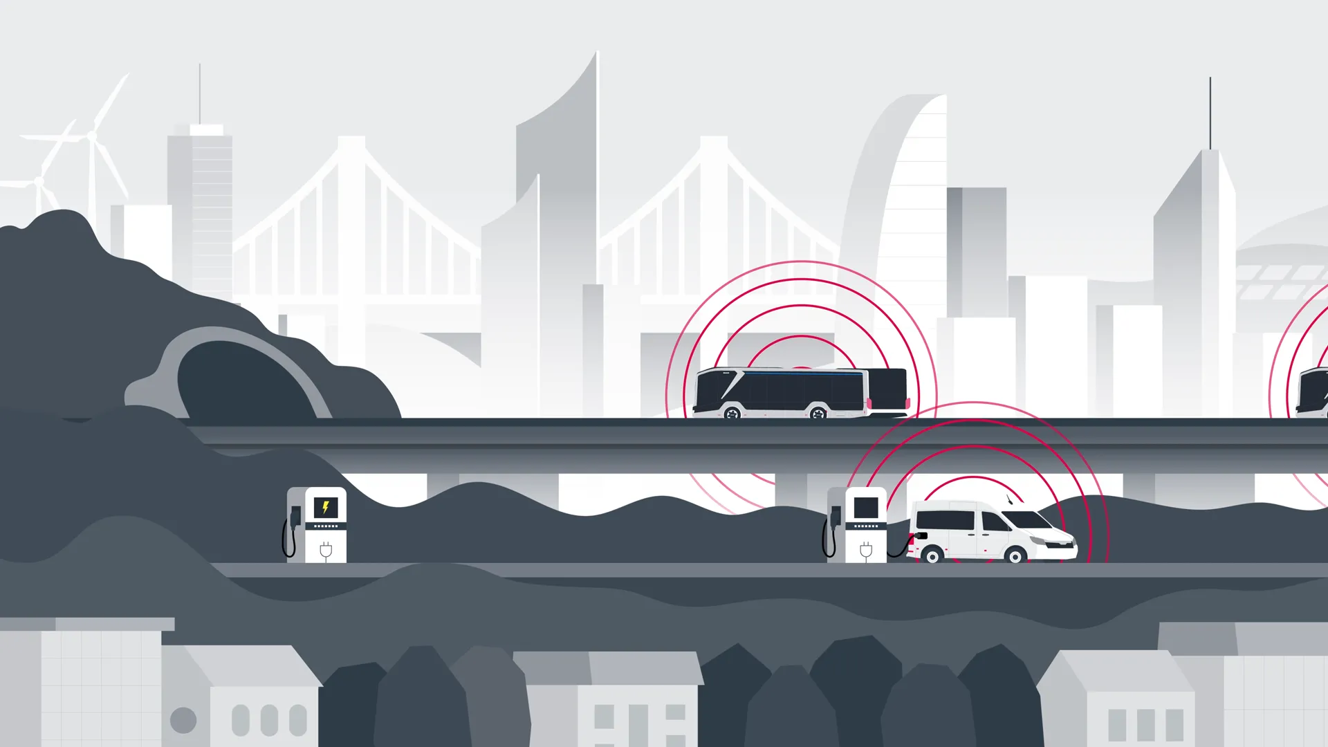 Flache Illustration von MAN Elektrobussen und Vans an Ladesäulen vor moderner Stadt-Skyline – Zukunft der urbanen Mobilität und Elektromobilität.