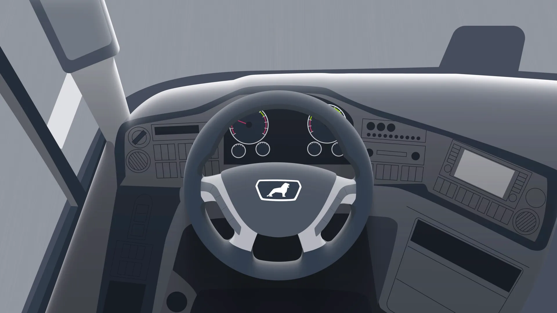 Illustration des MAN Cockpits mit Lenkrad, Instrumentenanzeige und moderner Bedienoberfläche – Fokus auf Ergonomie und Fahrkomfort für Busfahrer.