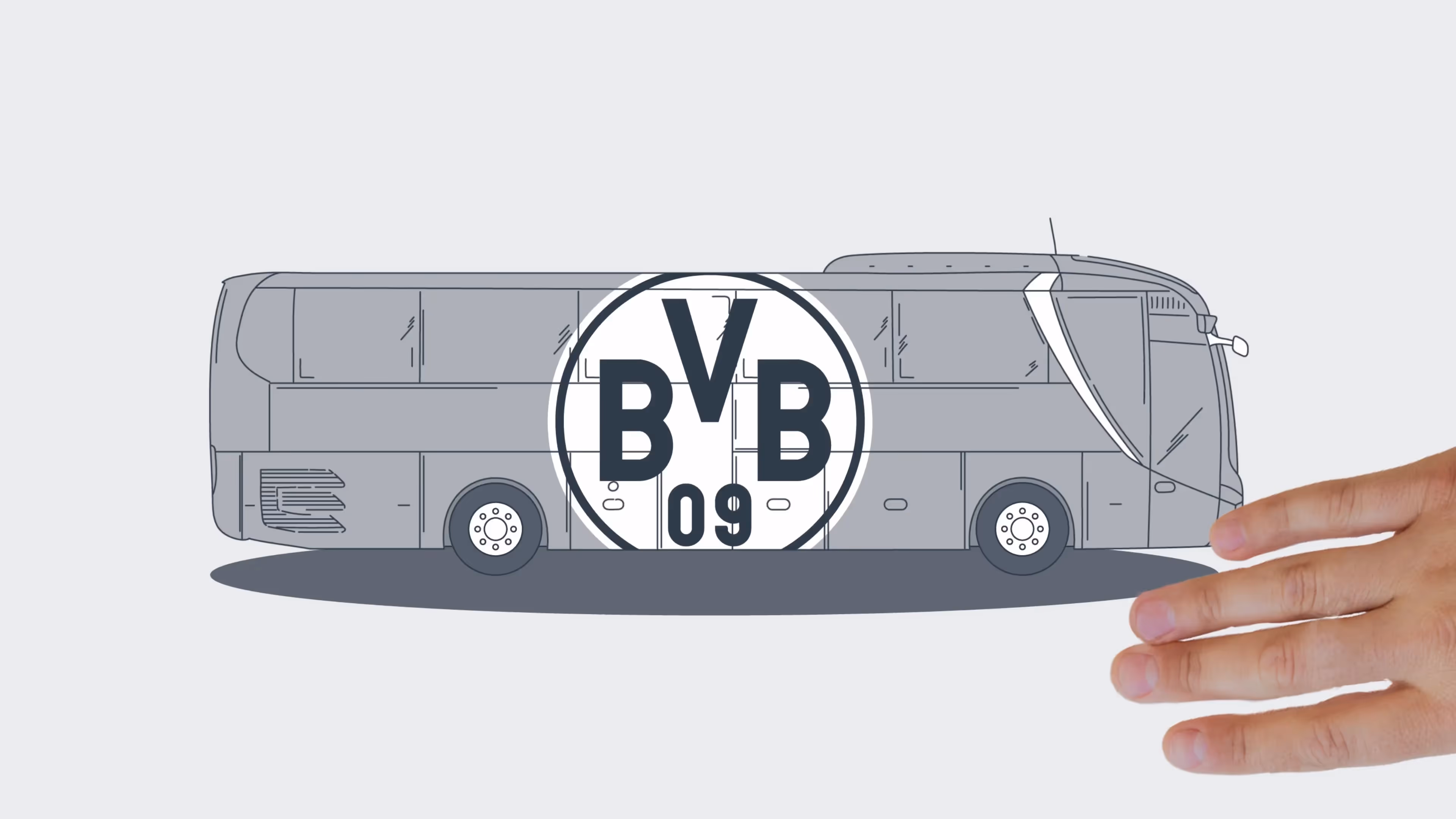 Illustration BVB Mannschaftsbus von Borussia Dortmund – gezeichnete Seitenansicht des MAN Team Busses mit großem BVB 09 Logo.