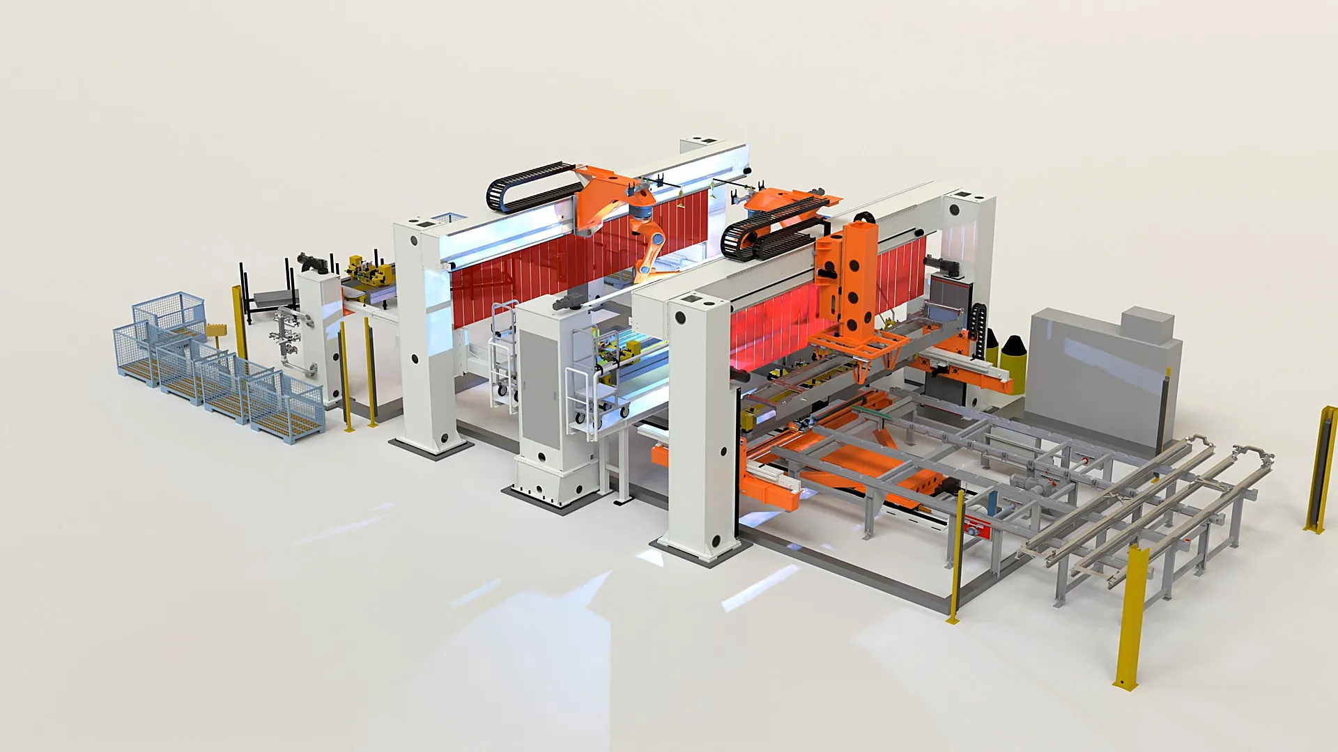 3D-Rendering einer CLOOS Schweißanlage für die KION Produktion, automatisiertes Robotersystem mit Schweißrobotern, Fördertechnik und modularen Vorrichtungen für effiziente Metallbearbeitung.