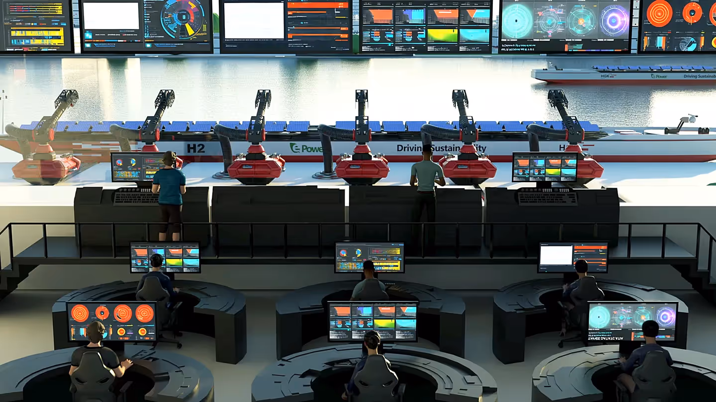3D-Rendering eines futuristischen HGK Kontrollzentrums mit digitalen Monitoren, Robotik und Rhein-Schifffahrt für nachhaltige Logistik.