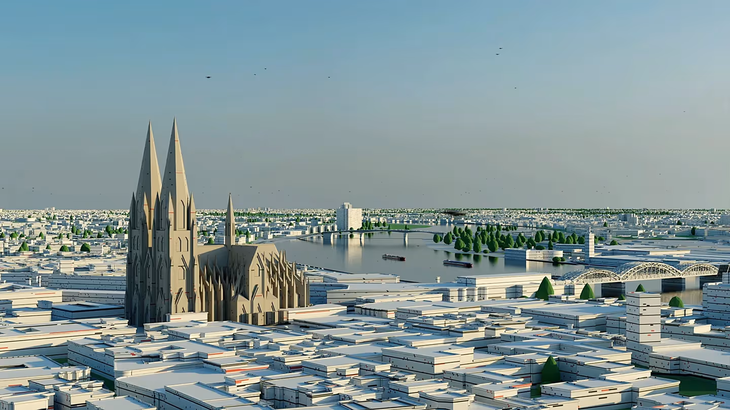 3D-Visualisierung der Skyline von Köln mit Dom, Rhein und modernen HGK Frachtschiffen als Symbol für nachhaltige Binnenschifffahrt.