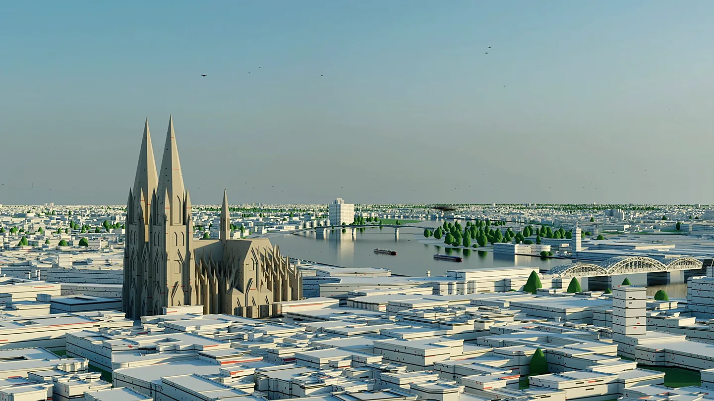 3D-Visualisierung der Skyline von Köln mit Dom, Rhein und modernen HGK Frachtschiffen als Symbol für nachhaltige Binnenschifffahrt.
