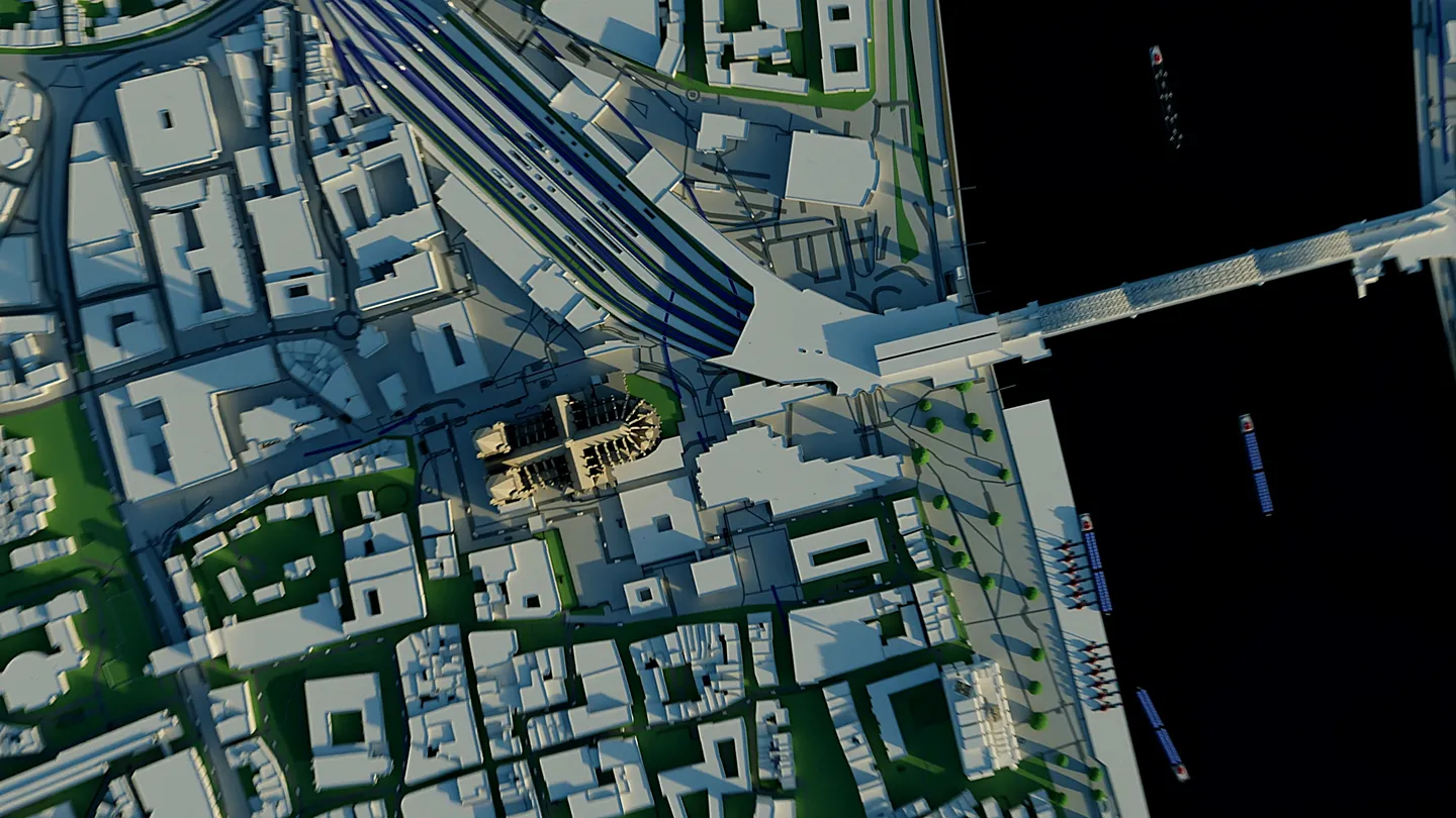 3D-Rendering einer smarten Logistik- und Hafeninfrastruktur von HGK in Köln mit Rhein, Hohenzollernbrücke und digitalem Kontrollzentrum.