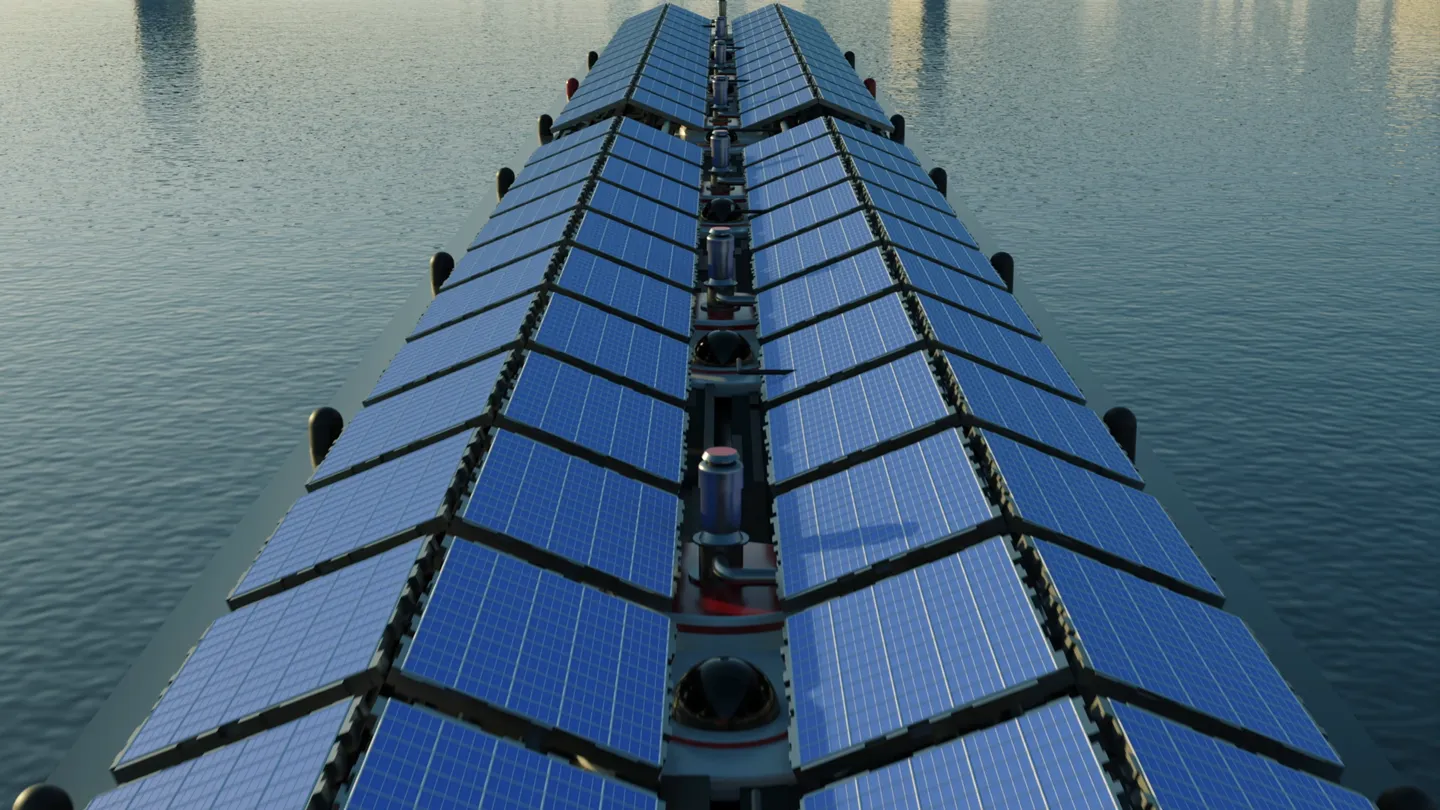 3D-Rendering eines HGK Frachtschiffs mit großflächigen Solarpaneelen auf dem Deck zur emissionsfreien Energiegewinnung auf dem Rhein.
