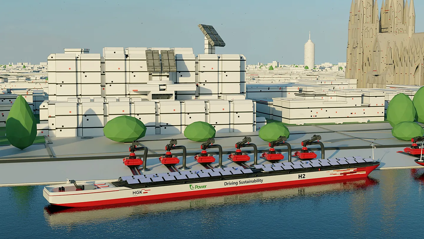 3D-Visualisierung eines HGK Wasserstoffschiffs mit Solarpaneelen und modernen Ladeeinrichtungen vor der Skyline von Köln mit Dom.