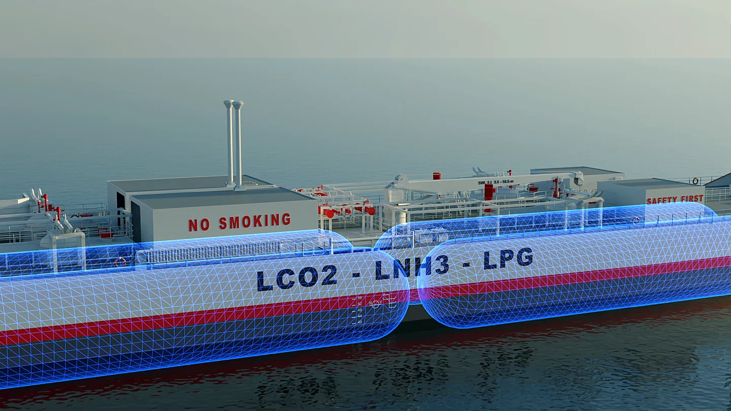 3D-Rendering eines HGK Schiffes mit markierten Tanks für LCO2, LNH3 und LPG, hervorgehoben durch digitale Transparenzdarstellung.