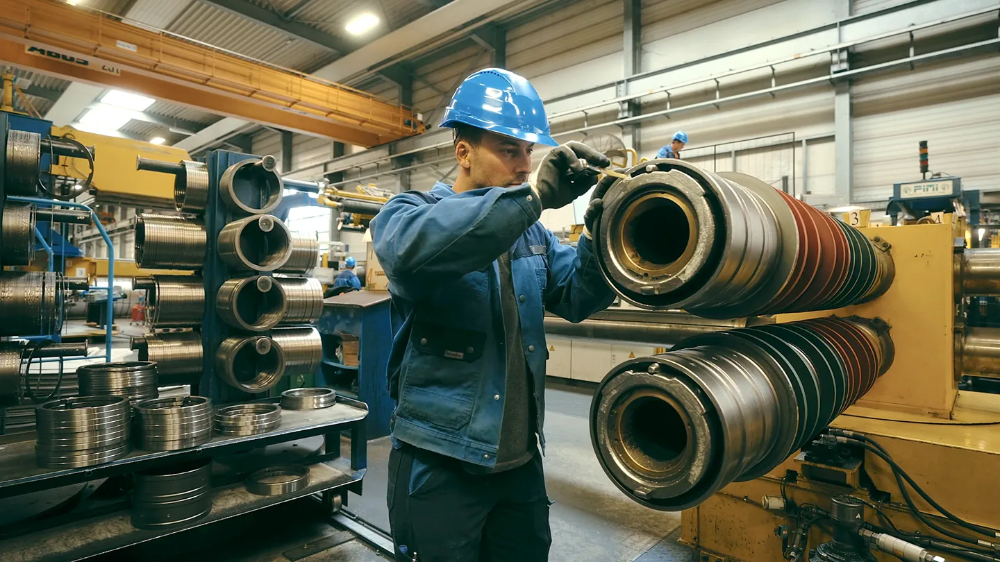 Industriearbeiter mit blauem Helm prüft große Metallwalzen in einer Produktionshalle.