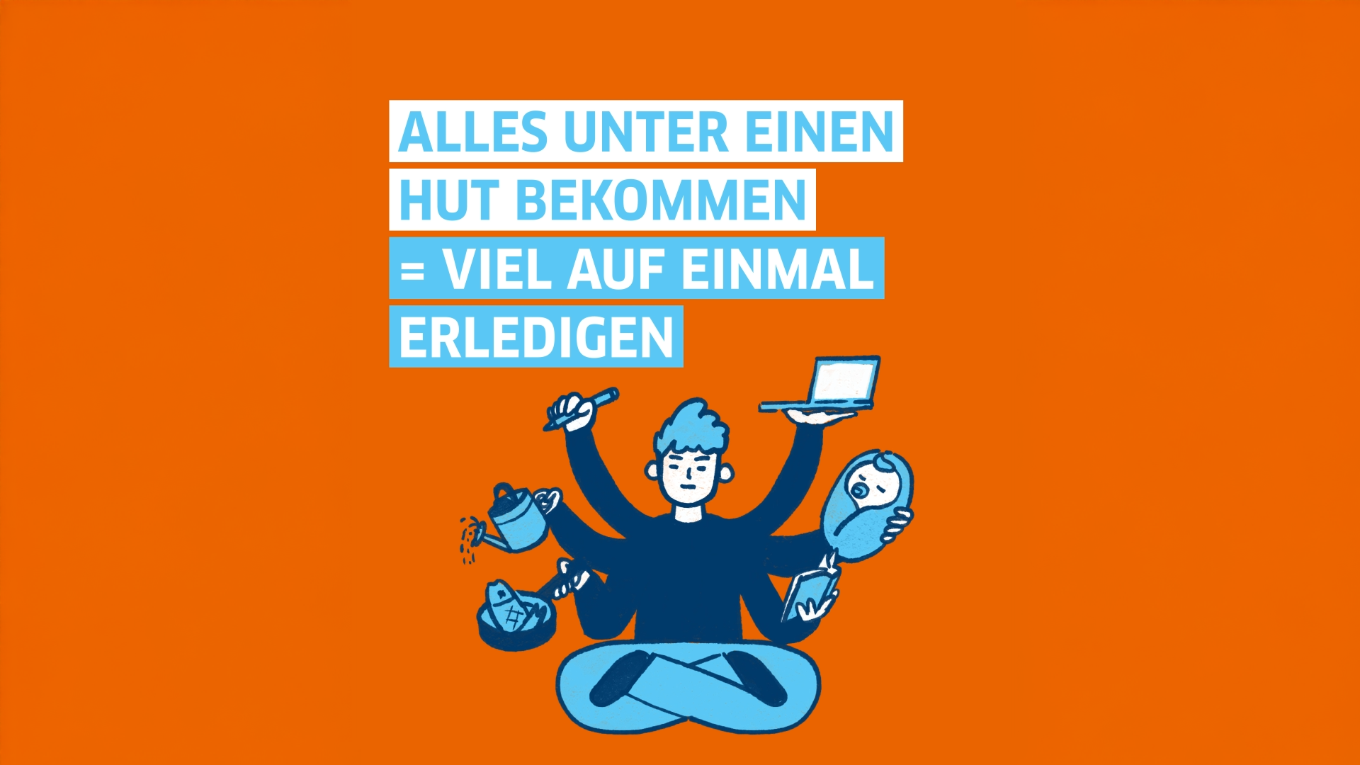 Illustration mit Spruch „Alles unter einen Hut bekommen = viel auf einmal erledigen“, Person jongliert Laptop, Baby, Kochen und Arbeit auf orangem Hintergrund.