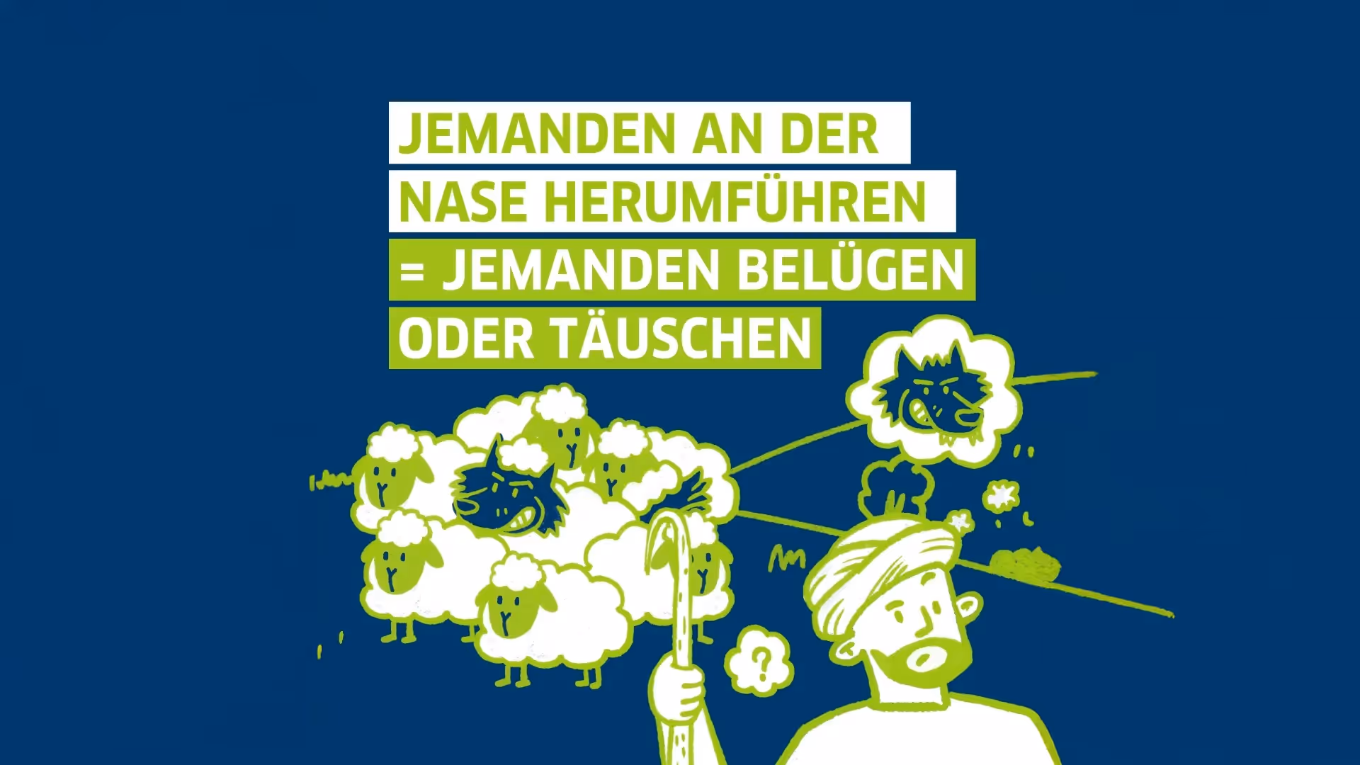 Illustration mit Spruch „Jemanden an der Nase herumführen = jemanden belügen oder täuschen“, Schäfer mit Schafen und Wölfen im Schafspelz auf blauem Hintergrund