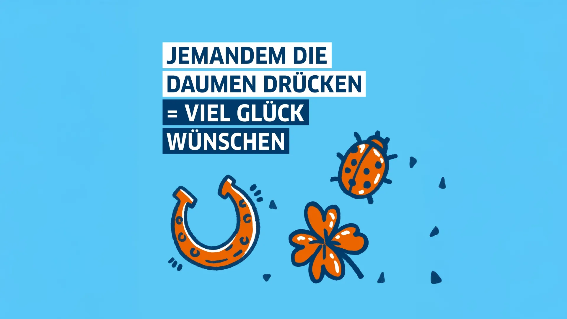 Illustration mit Spruch „Jemandem die Daumen drücken“, Symbole für Glück: Kleeblatt, Hufeisen und Marienkäfer, Bedeutung: viel Glück wünschen.