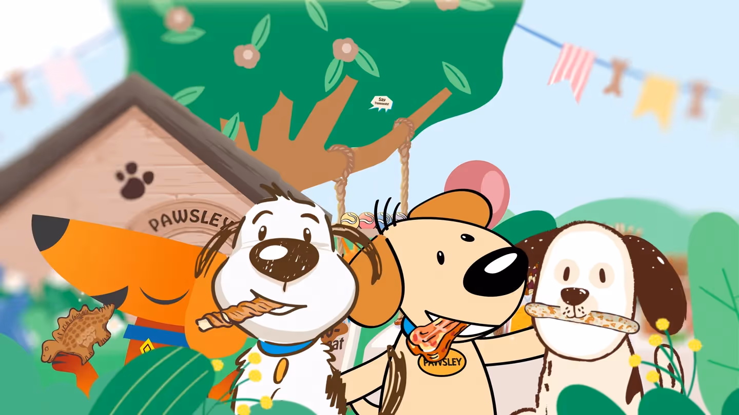 Fröhliche Cartoon-Hunde feiern im Garten vor einer Hundehütte und knabbern an Leckerlis – Pawsley Hundeparty Illustration.