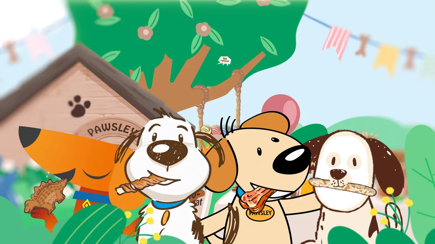 Fröhliche Cartoon-Hunde feiern im Garten vor einer Hundehütte und knabbern an Leckerlis – Pawsley Hundeparty Illustration.